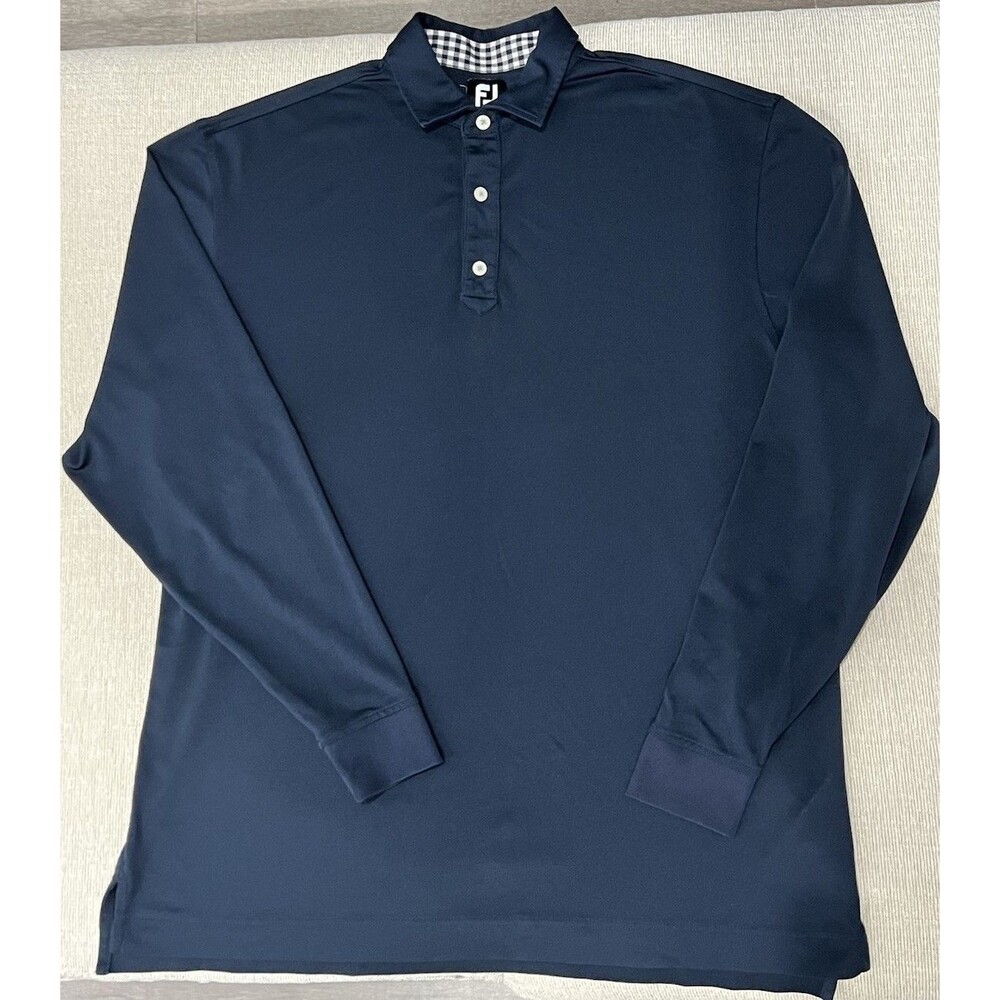 FootJoy Mens L Blue Long Sleeve Golf Polo Shirt Gingham Trim Performance
